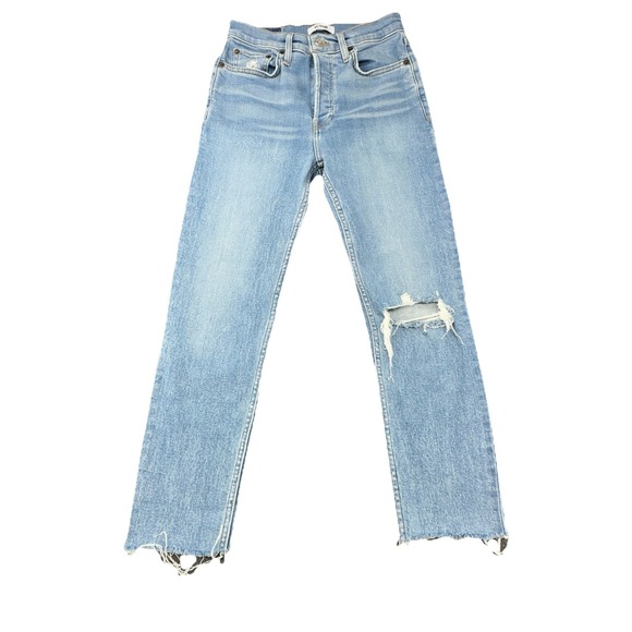 Re/Done Denim - RE/DONE‎ High Rise Straight Leg Jeans Women 26 Distressed Raw Hem Light Wash